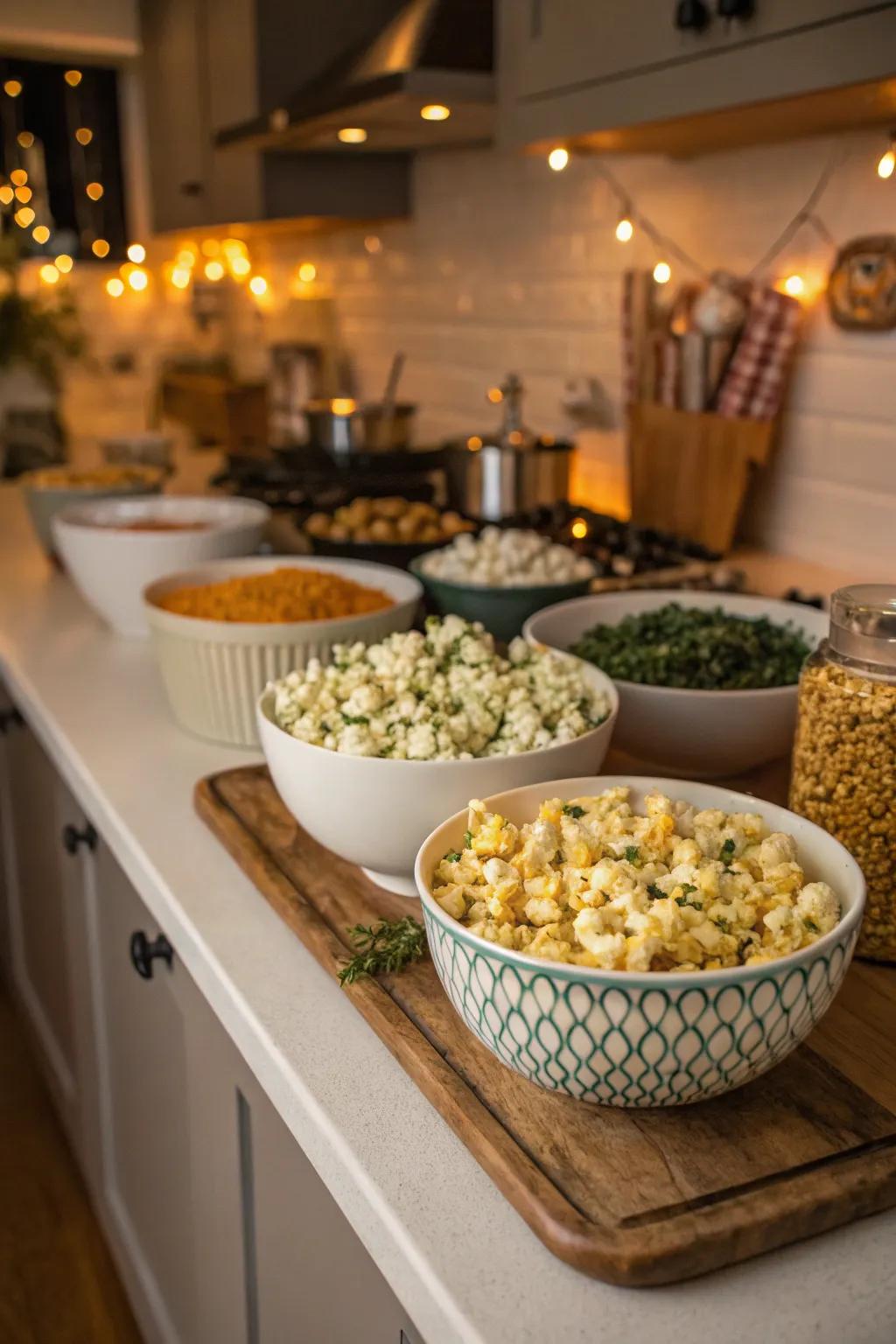 A variety of popcorn dishes prepared to be tasted.