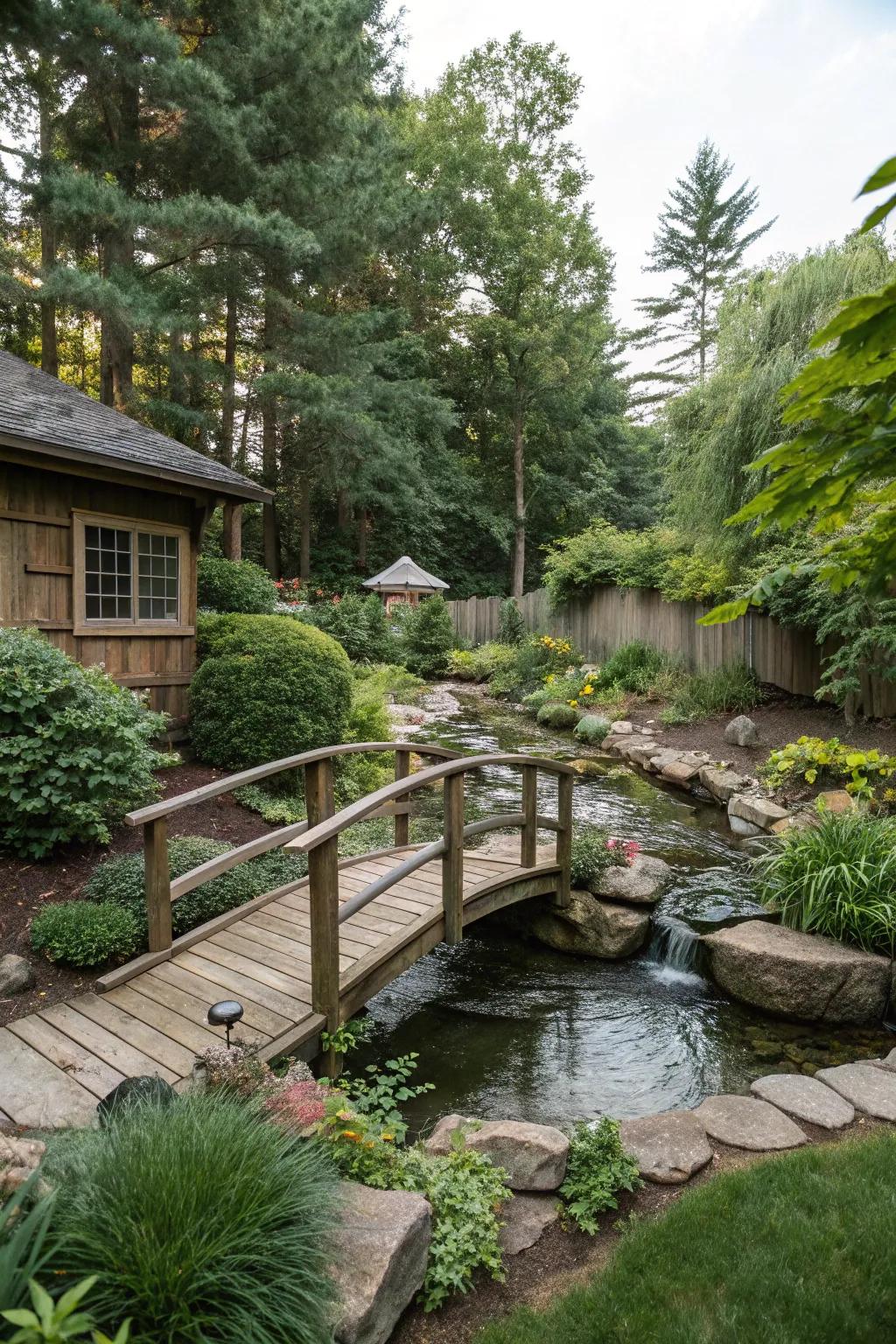 A captivating bridge traversing a tranquil garden stream.