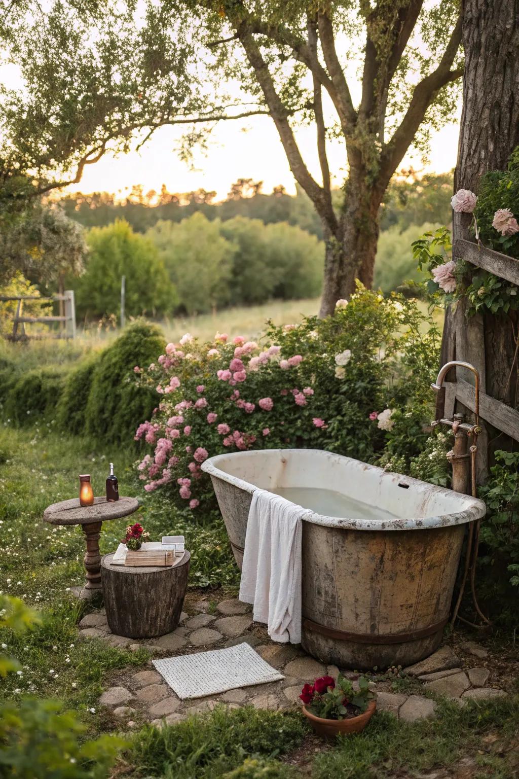 Adopt eco chic with repurposed resources for your outdoor bath.