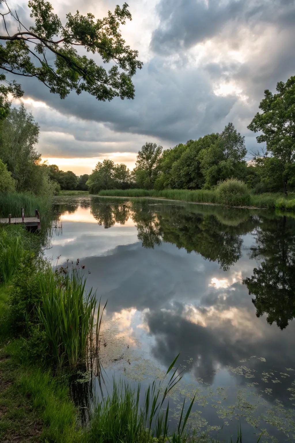 A reflective pond plane intensifying the splendor of its surroundings.