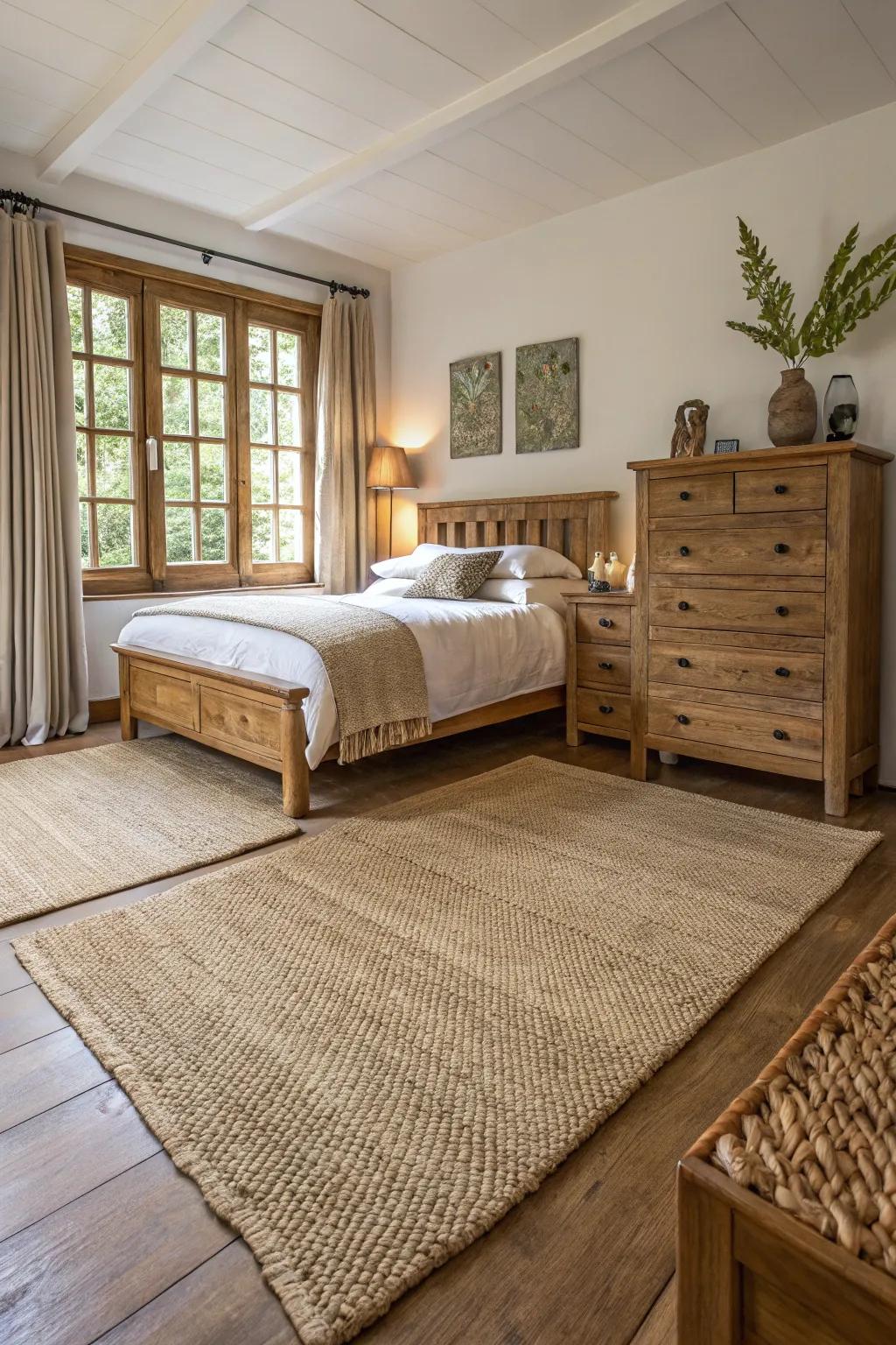 Natural fiber rugs add texture and warmth to any bedroom.