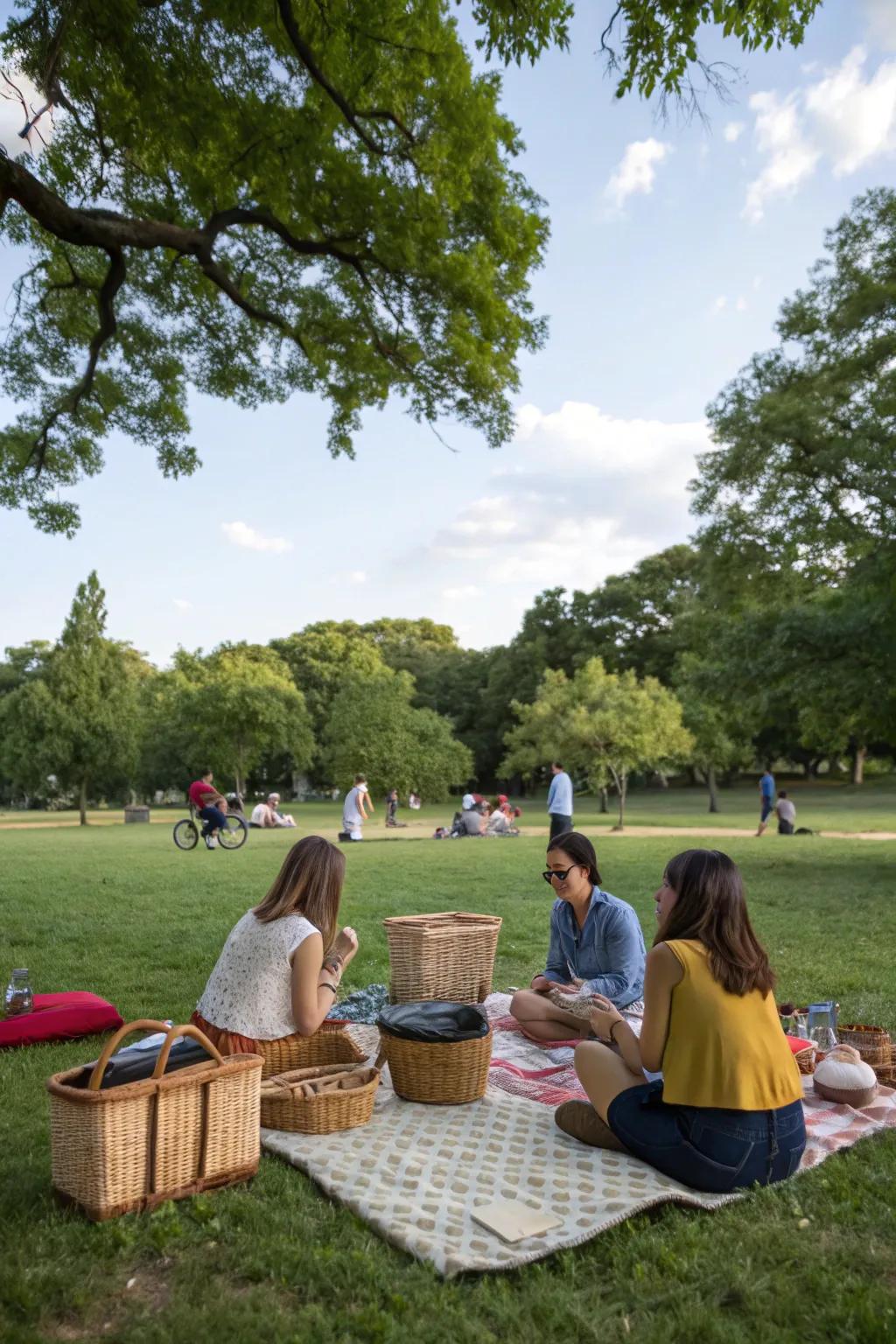 A peaceful parkside picnic with companions.