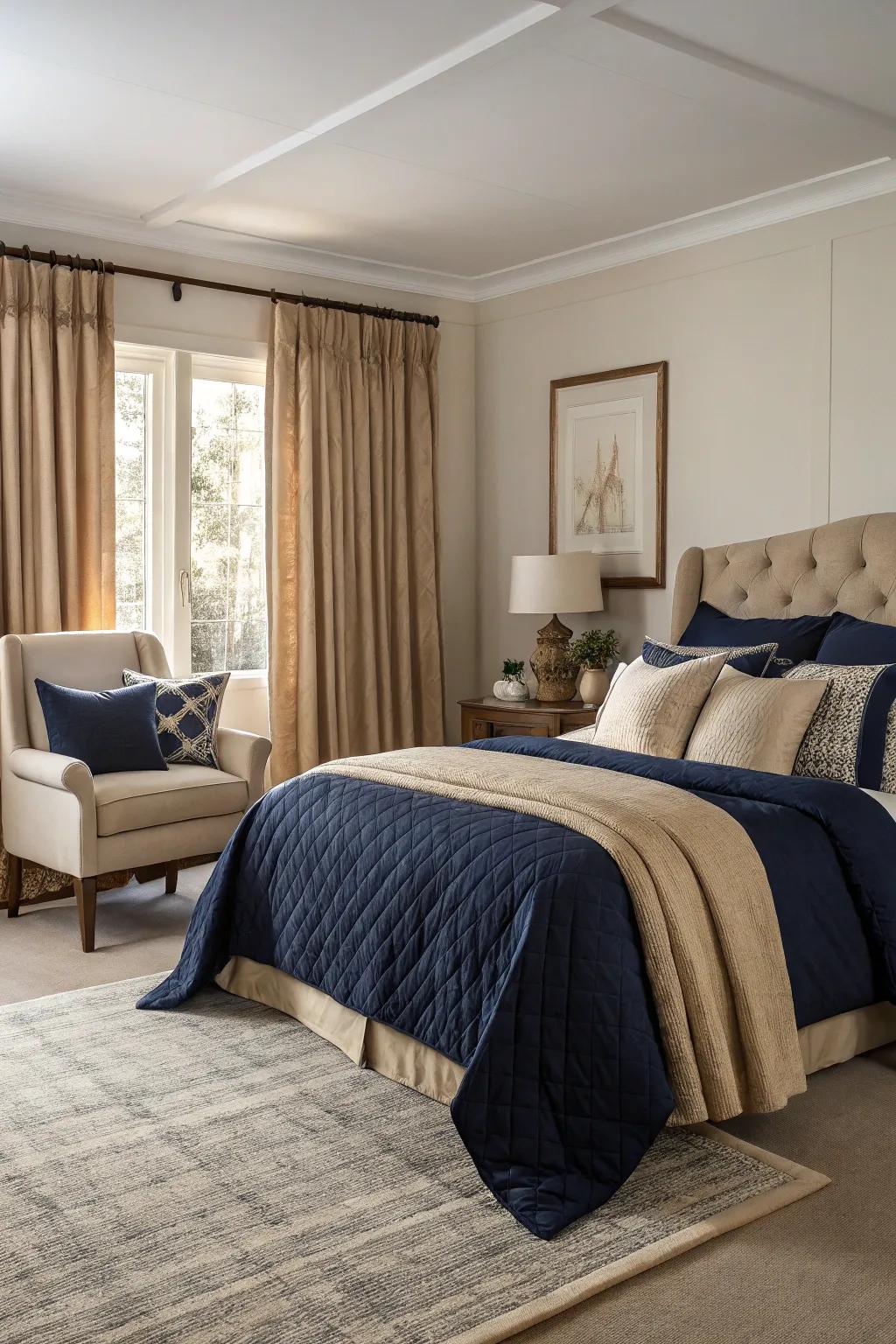 Achieve harmony using sea blue and beige bedding.
