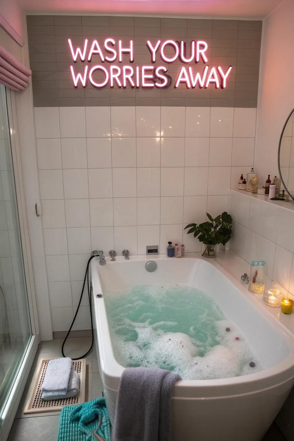 A playful neon art adds charm to a contemporary washroom.