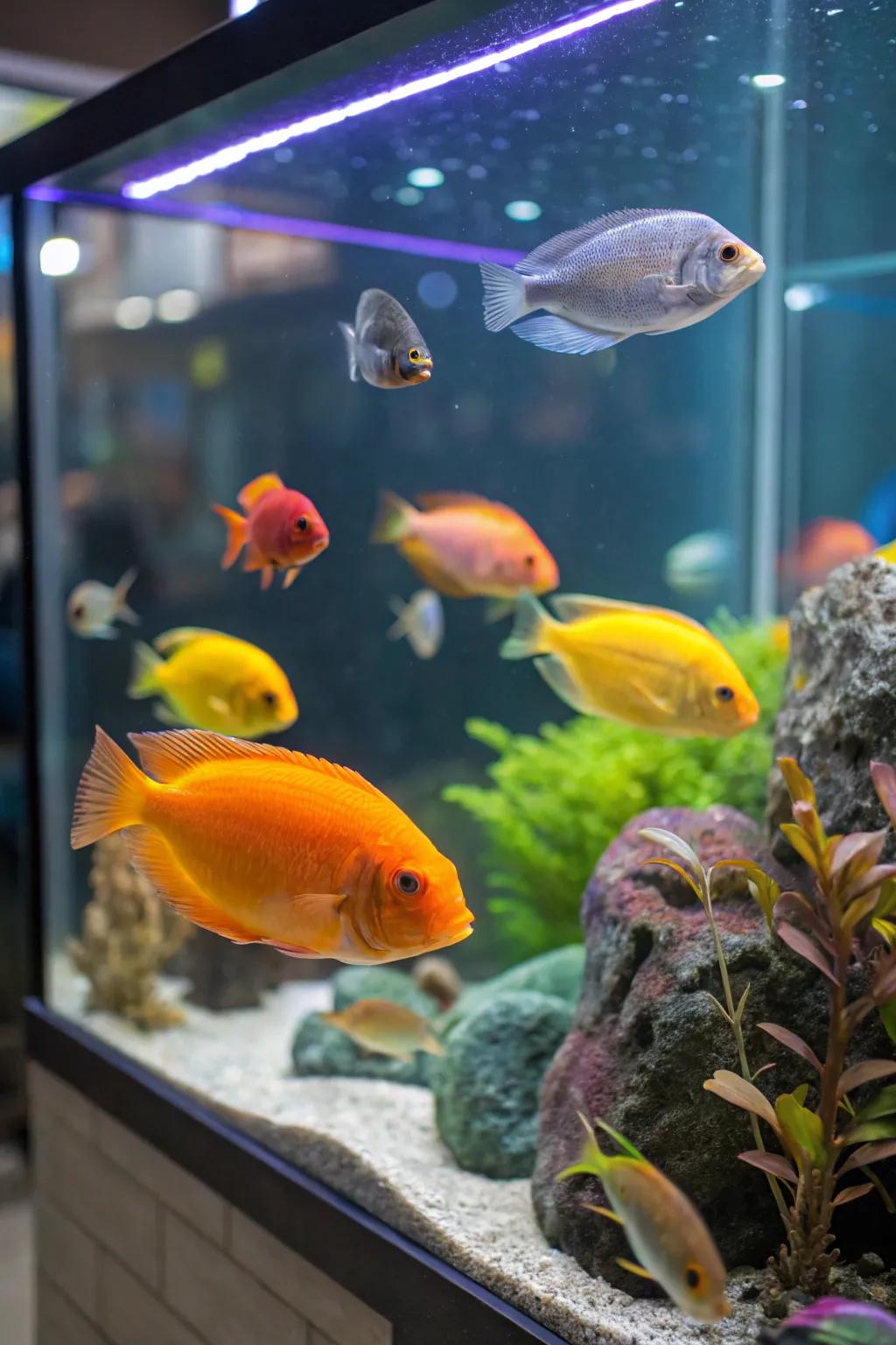 Unique aquatic pet varieties add natural beauty and interest to this aquarium.