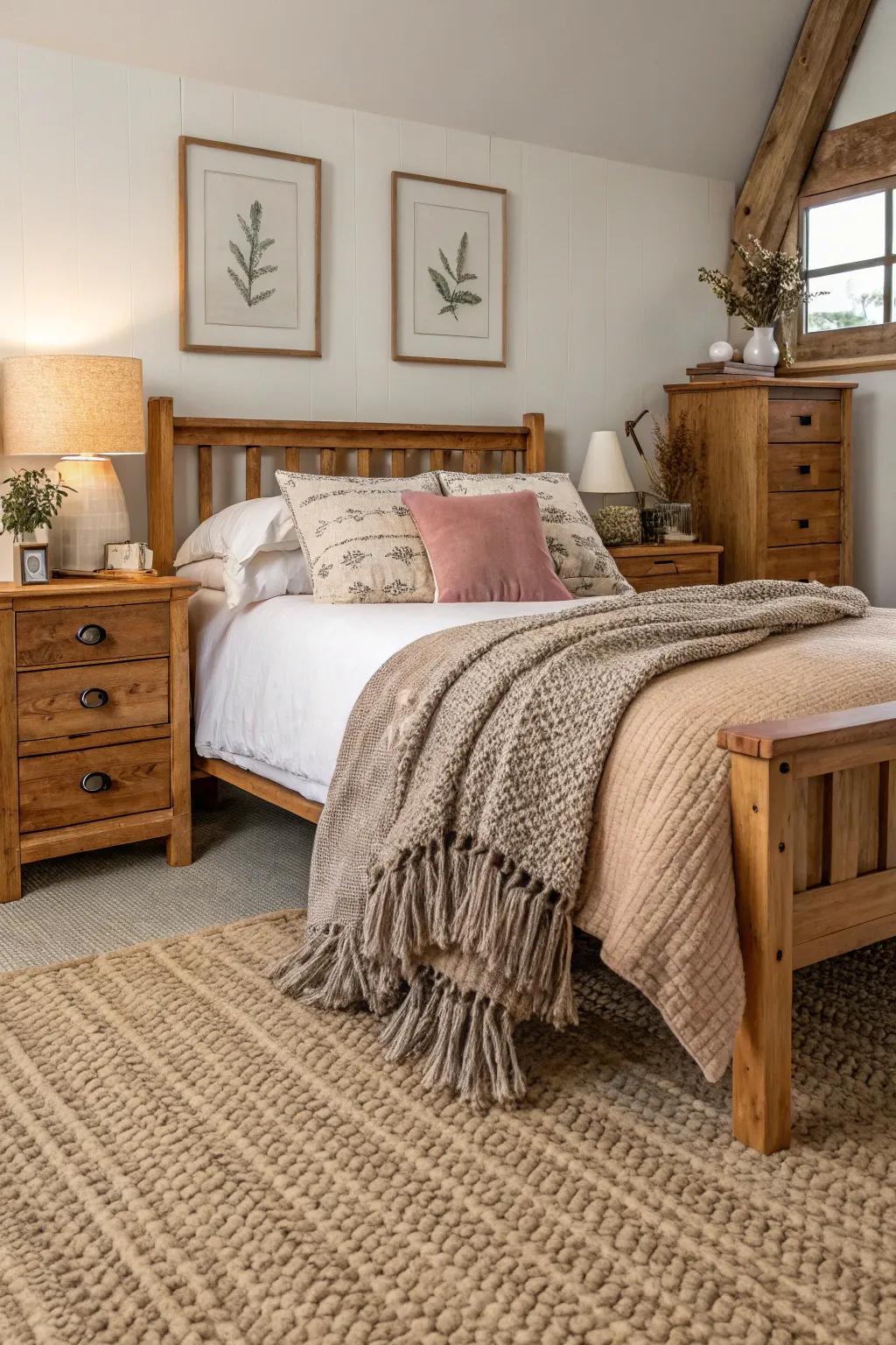 Rustic carpets create an inviting bedroom atmosphere.