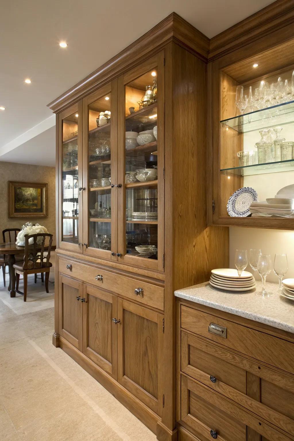 Crystal cabinet entrances contribute elegance to oak kitchens.