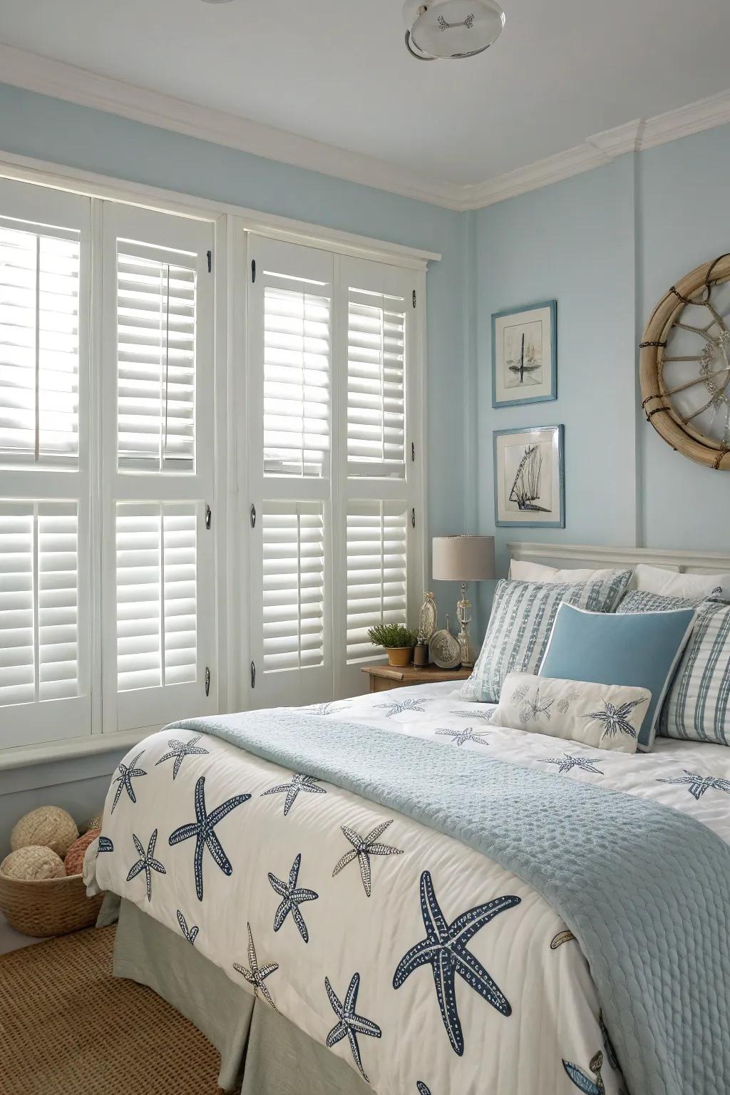 Coastal shutters offer both function and a touch of seaside allure.