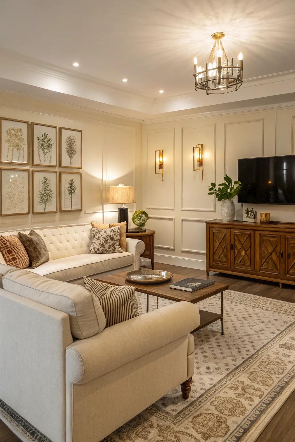 Different surfaces add visual dimension to an off-white living area.