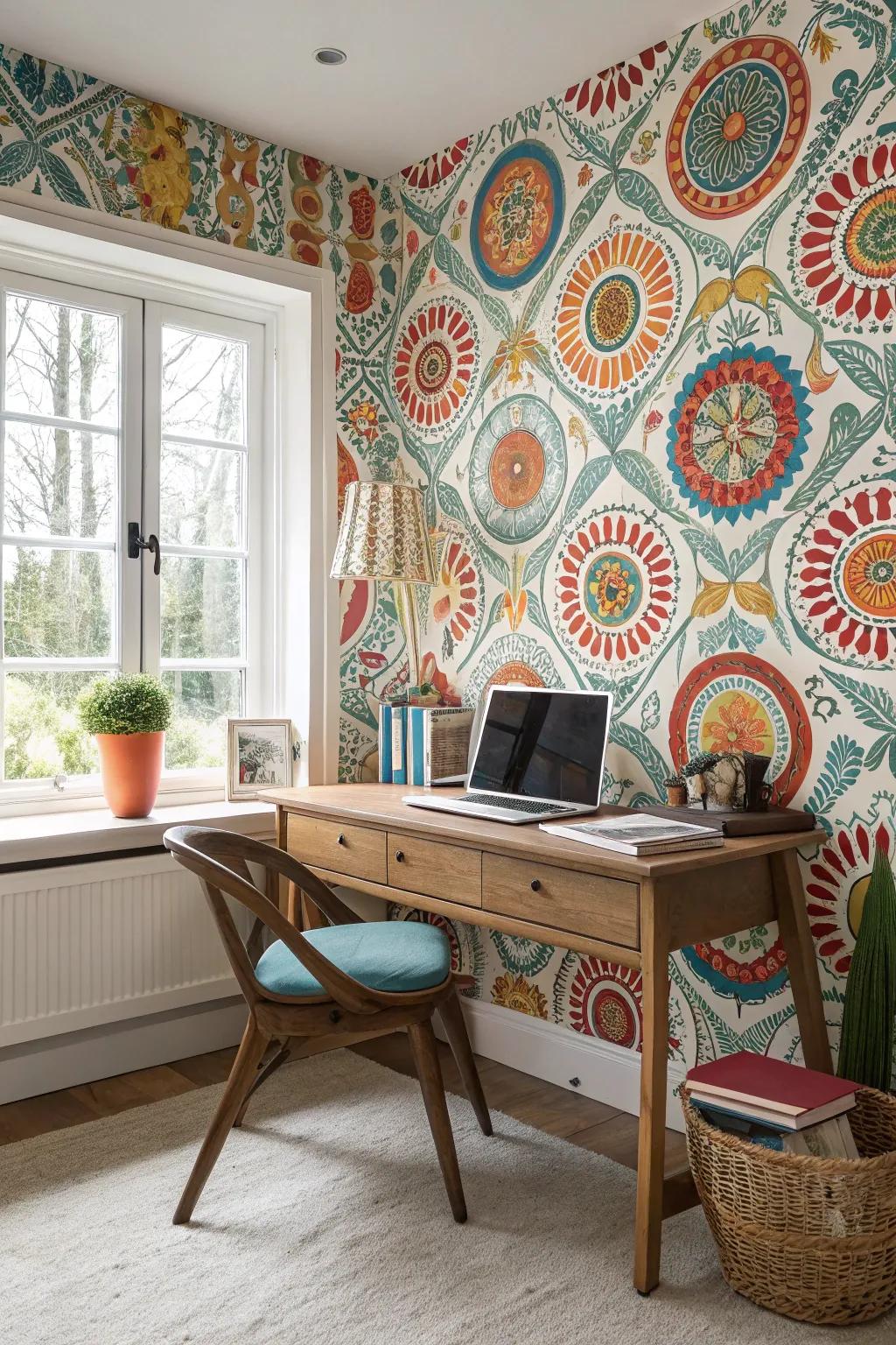 Patterned wallpaper adds depth and personality to the space.