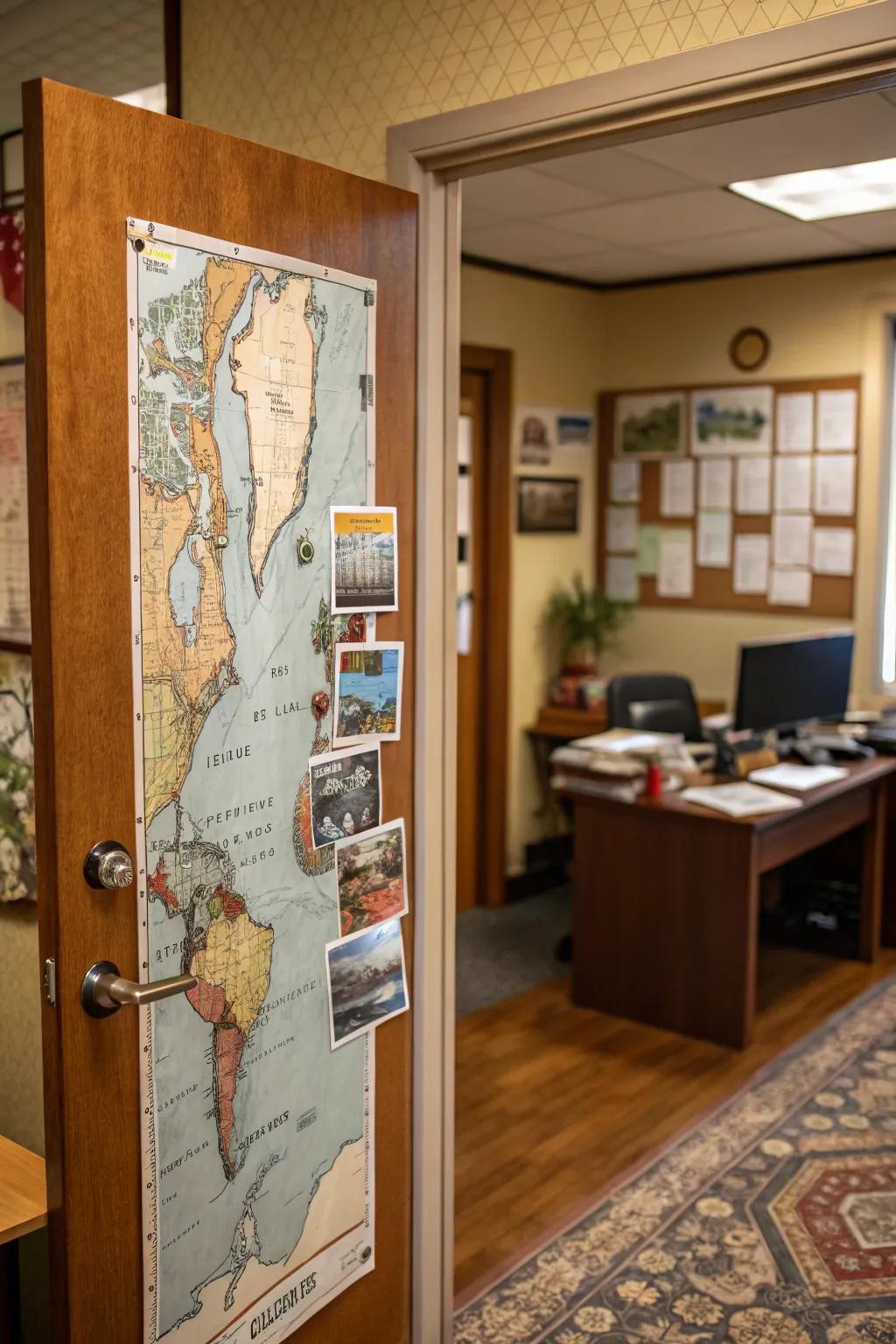 Travel back in time using a vintage travel-themed door.