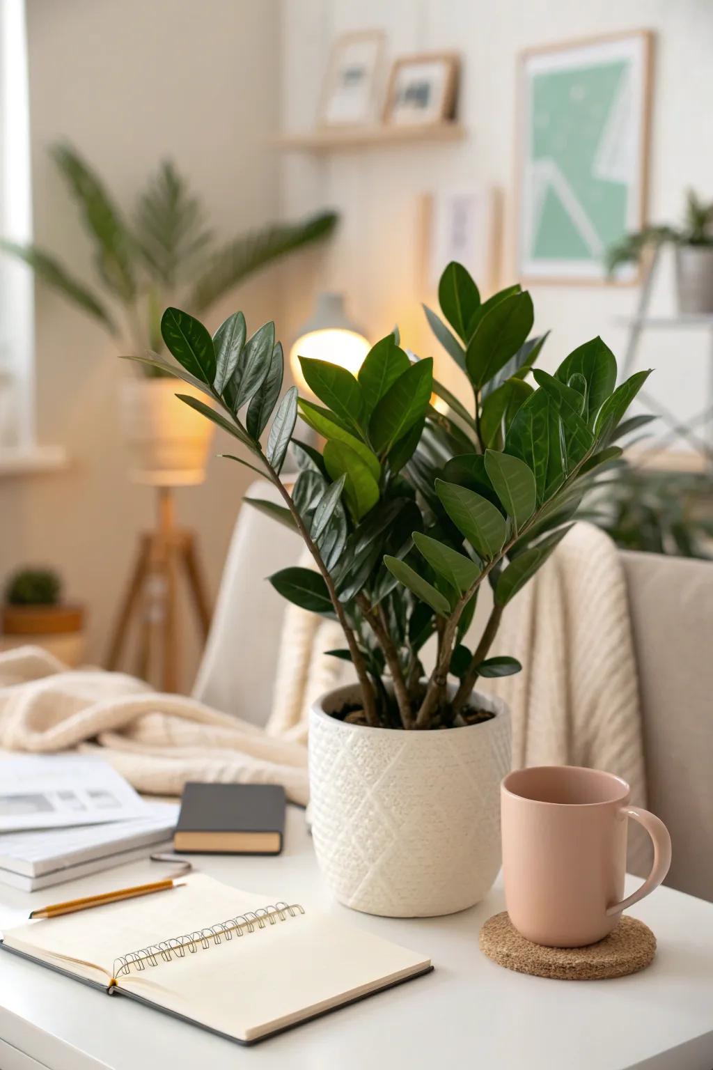 Choose a ZZ plant for compact elegance and durability in low-light office areas.