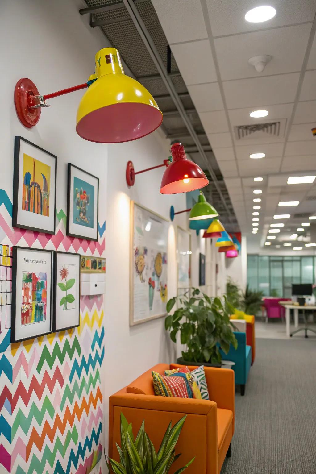 Colorful wall lights introducing vibrancy to the office.