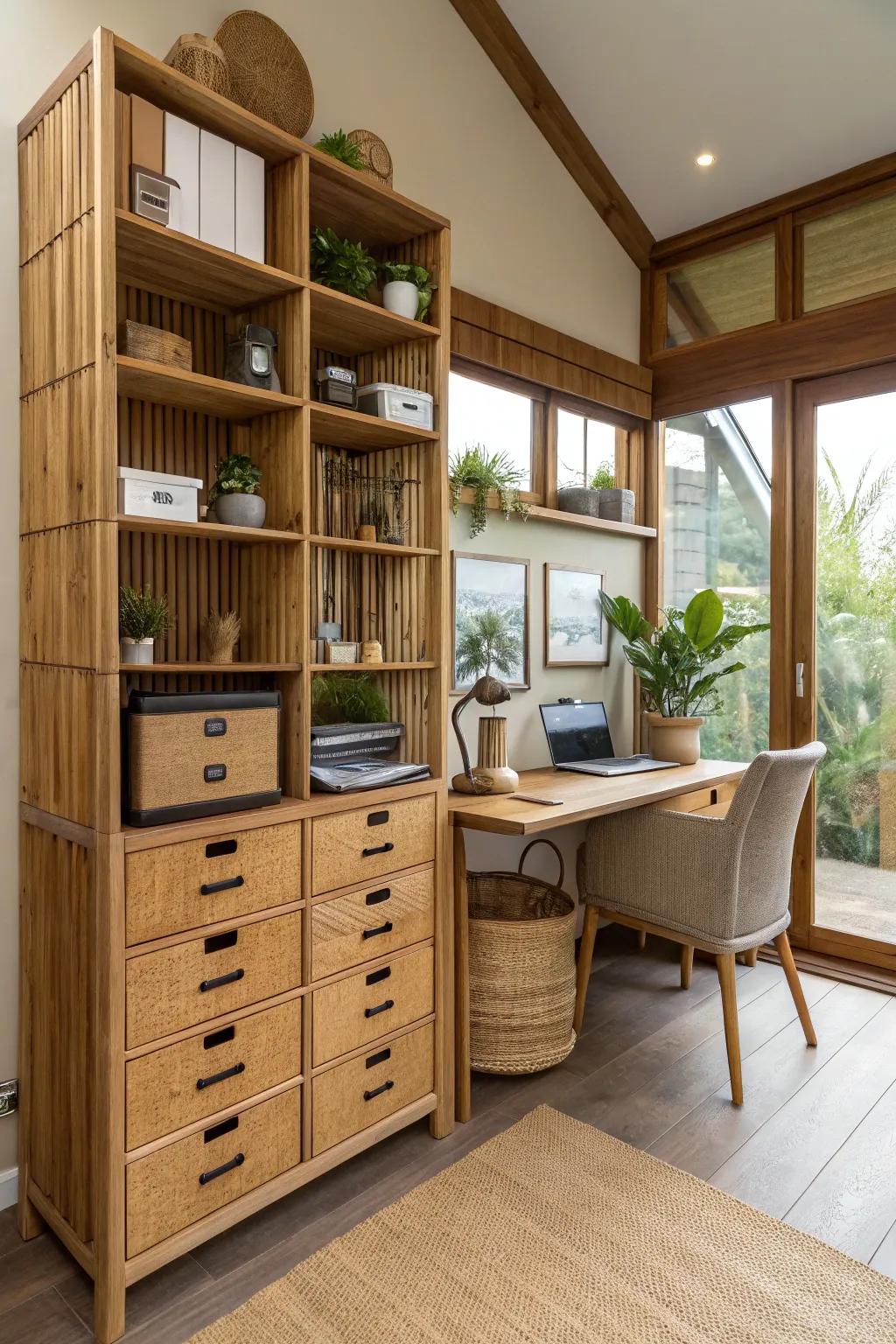 Natural materials add charm and warmth to office storage.