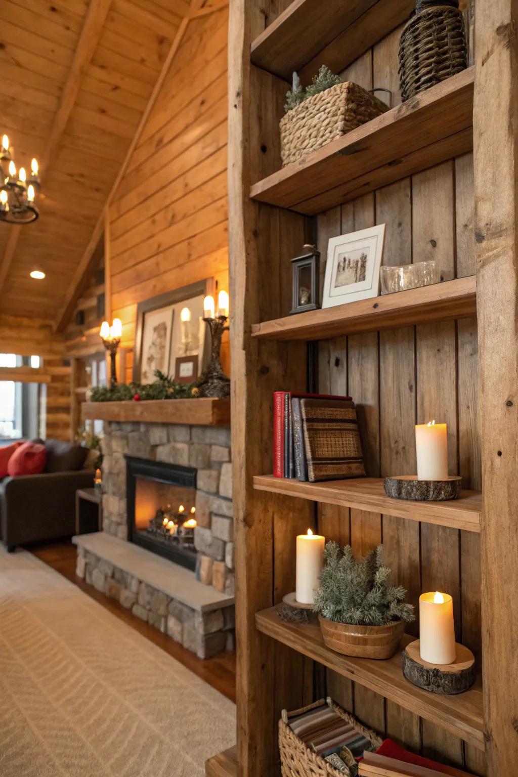 Rustic cabin featuring reclaimed timber shelves showing decor and books.