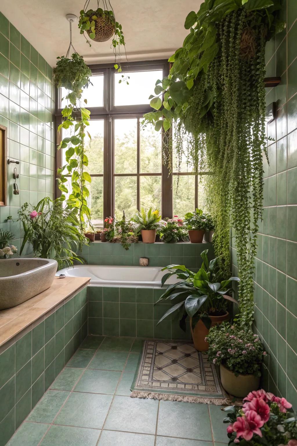 A spa-inspired bathing quarter embellished by botanical-themed verdant olive tiles.