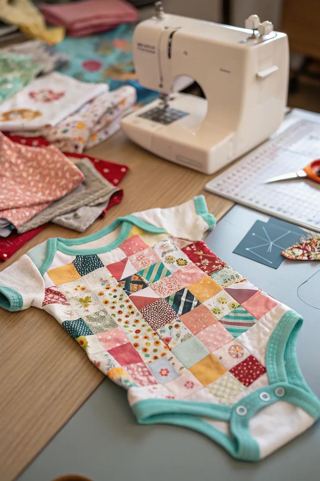 A nostalgic onesie showcasing charming patchwork patterns.