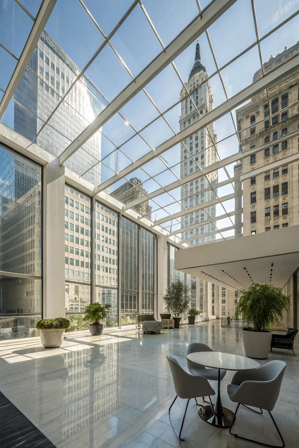 An office space featuring glass panels in the ceiling for a modern touch.