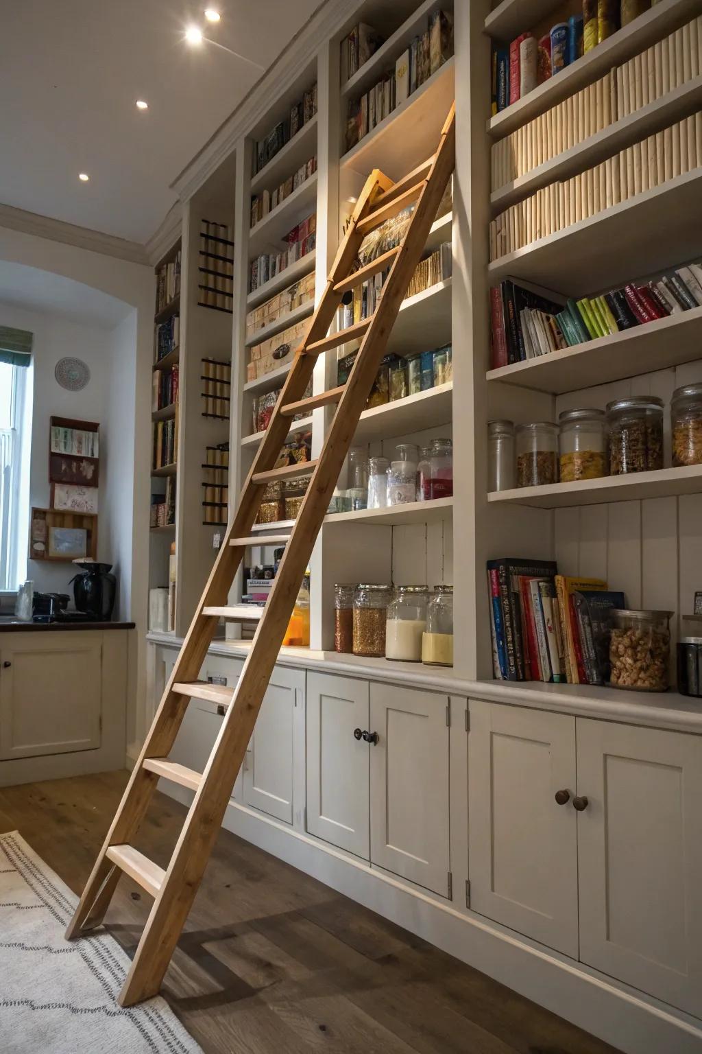 A library ladder offers style and functionality for high storage.