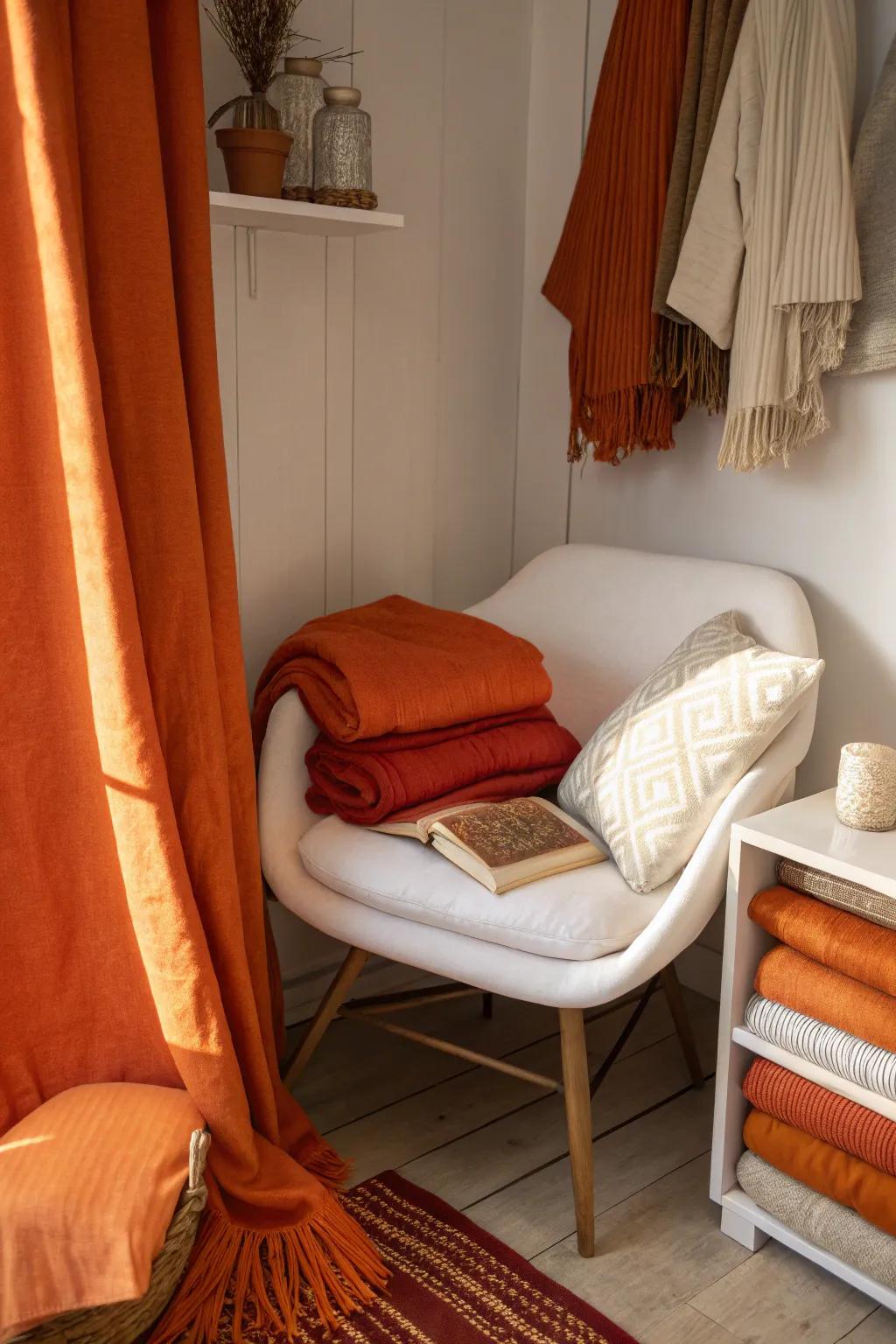 Layered tangerine weaves create a comfortable and inviting reading nook.