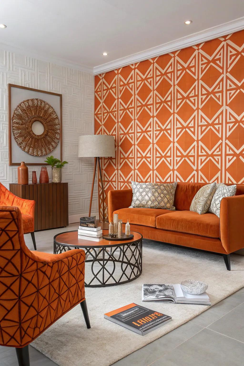 A modern lounge featuring orange symmetrical patterned d&eacute;cor.
