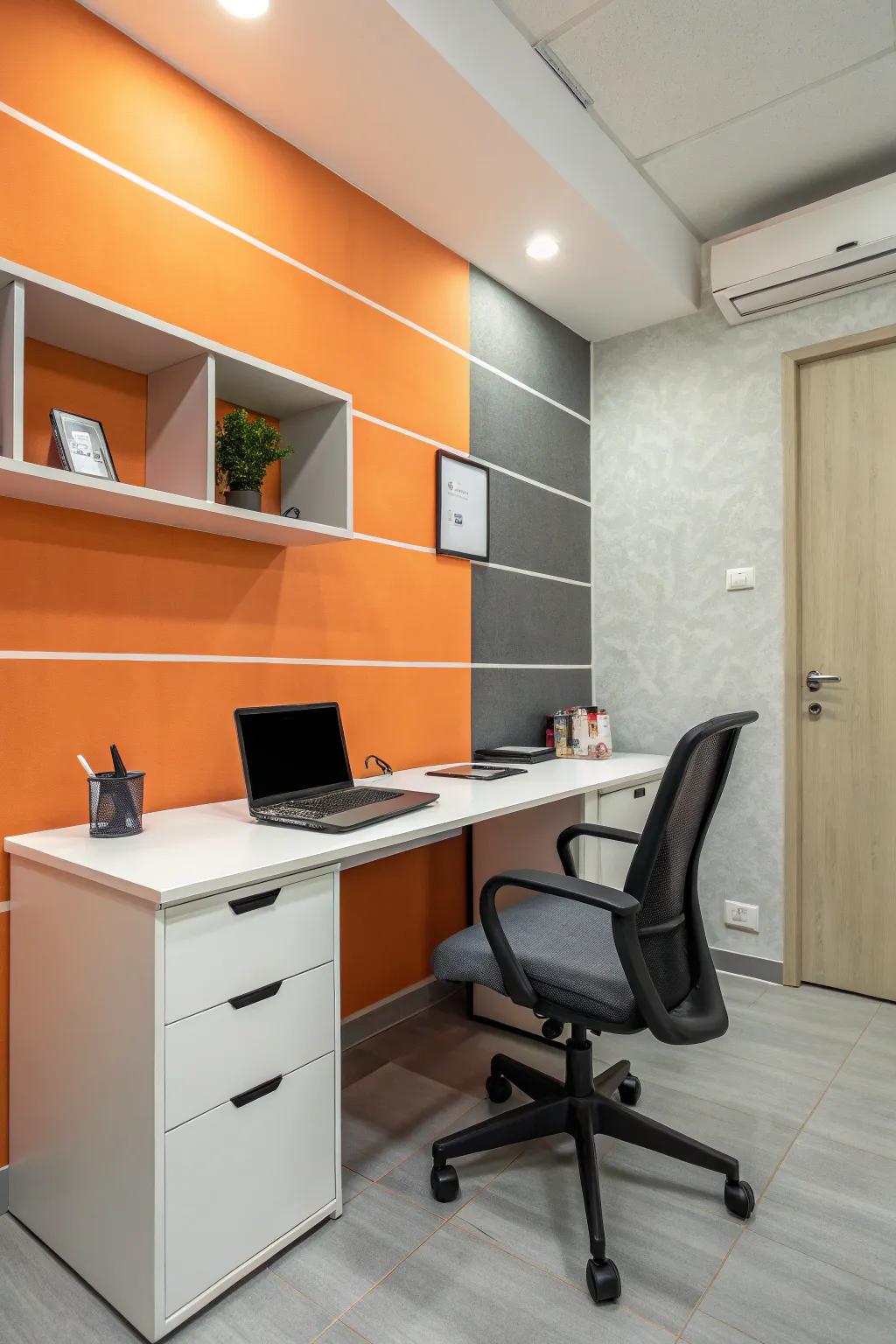 An office balanced with the sophisticated combination of tangerine and pewter.