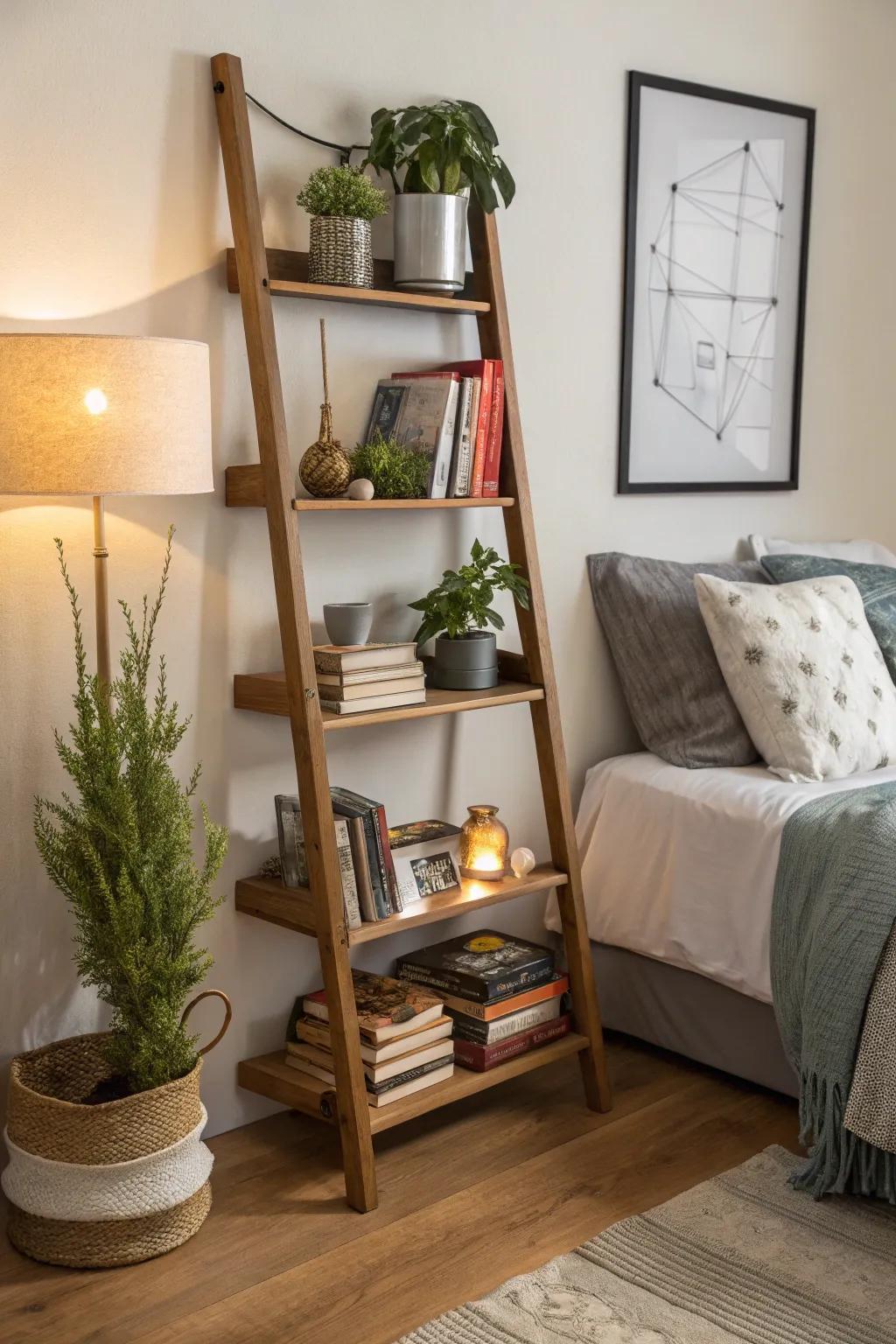 Slanted shelves provide vertical storage with a touch of flair.