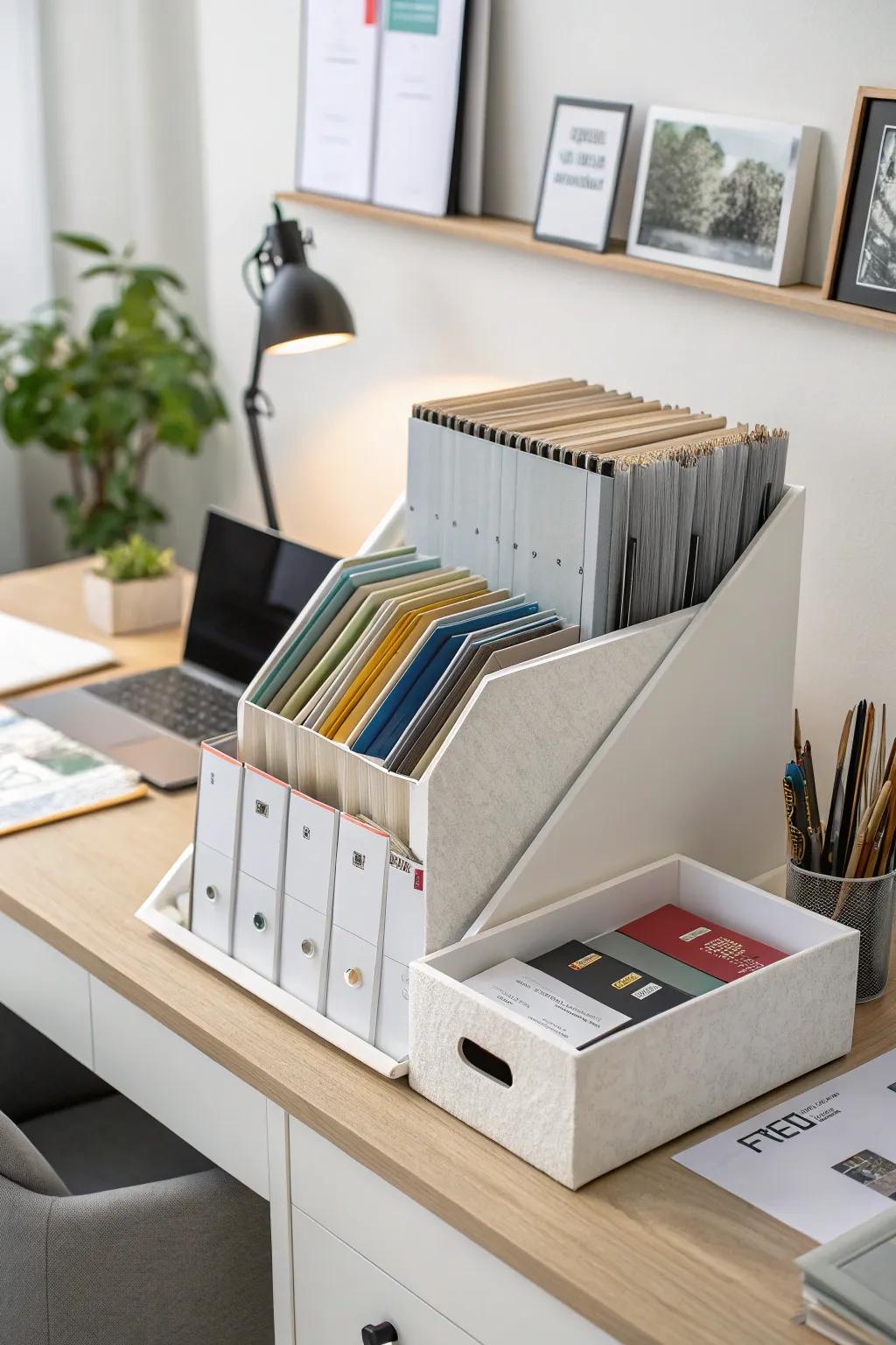 Vertical document holders retain documents neatly arranged and effortless to reach.