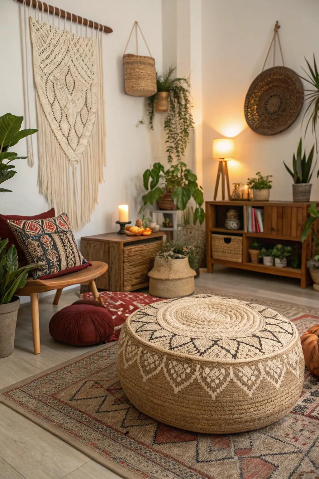 A woven ottoman gives natural texture to a bohemian gathering spot.