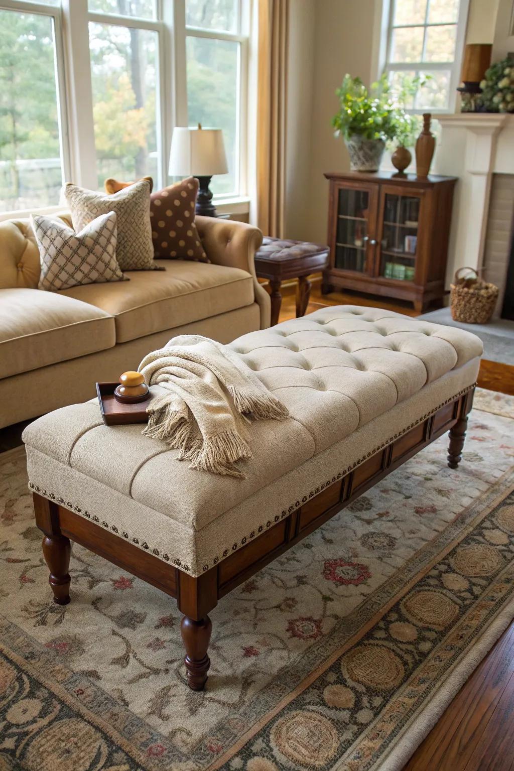 A long footrest doubling as a convenient bench.