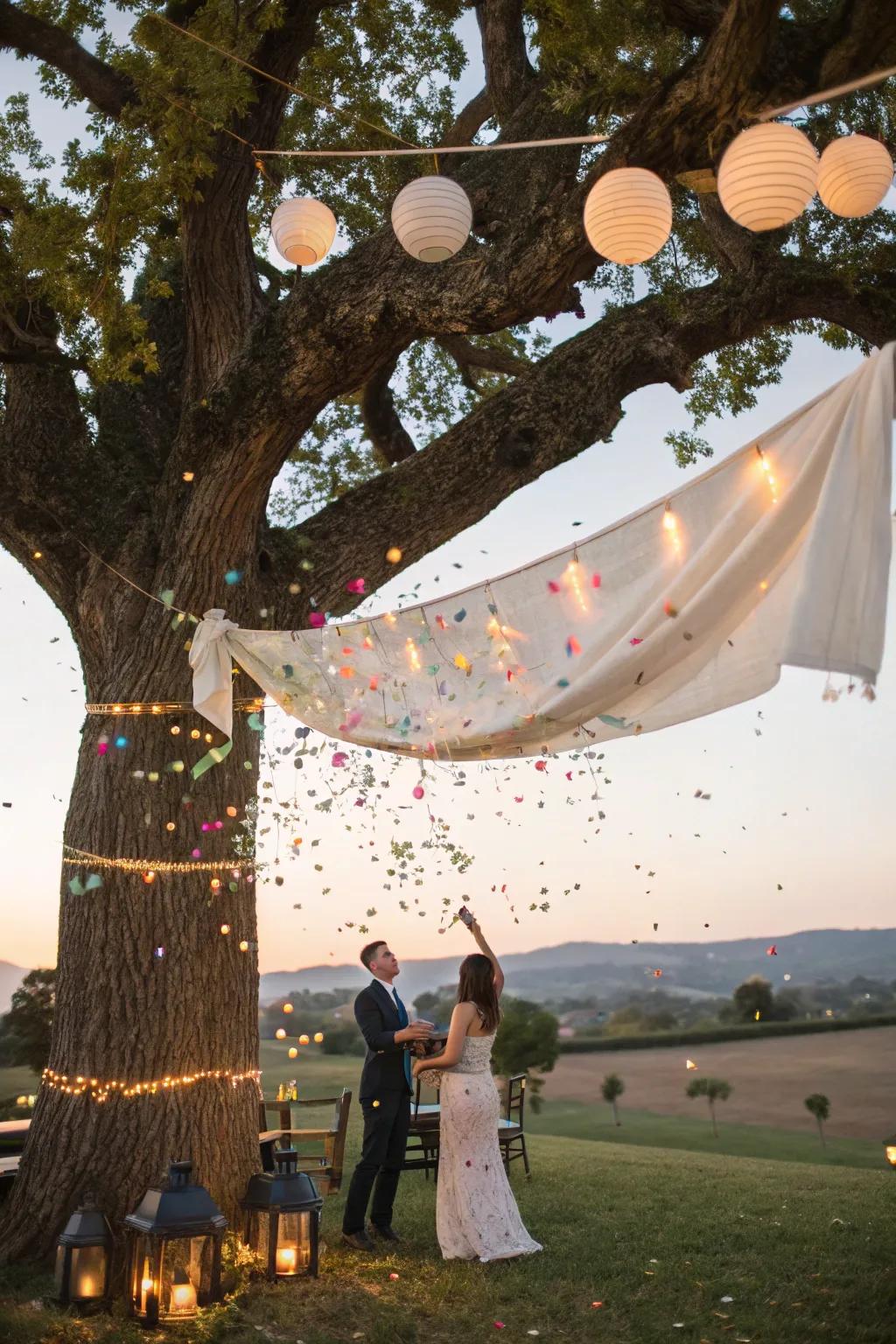 A tree-suspended unveiling creates an enchanting surprise from above.