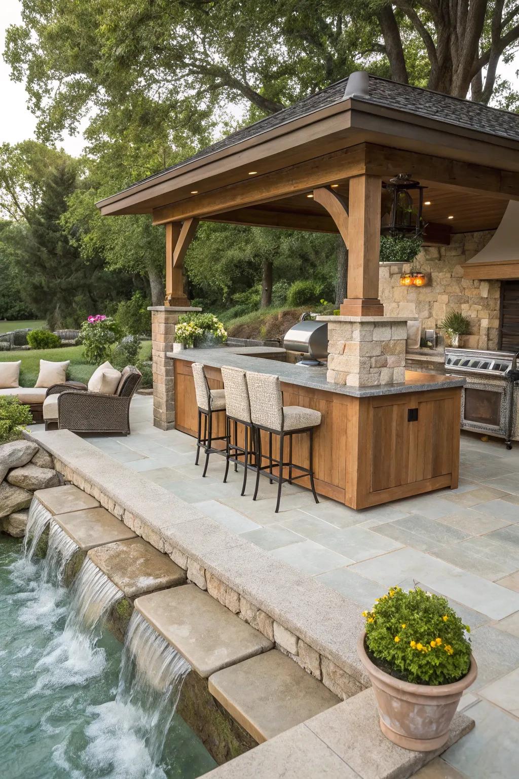 An outdoor kitchen bar complemented by a calming water feature.