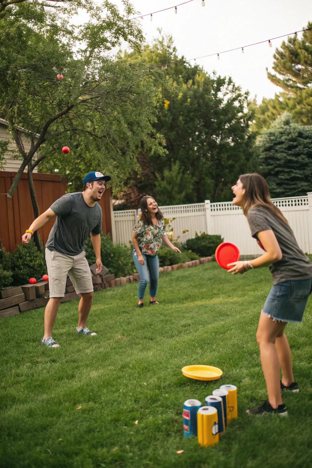 An energetic canister fling game unfolding within the garden.