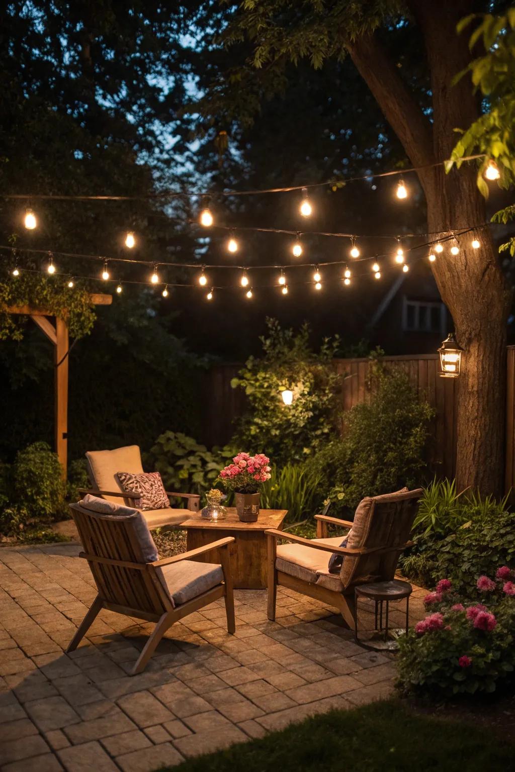 Festive lights add enchanting ambiance to outdoor gatherings.