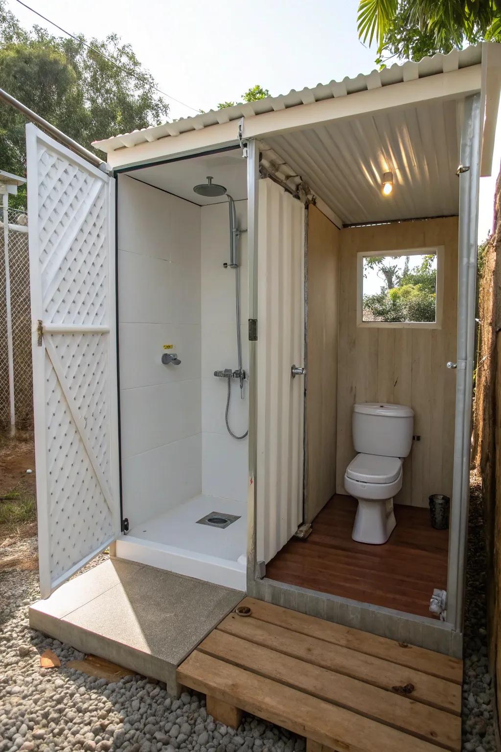 Maximize area through a shower and toilet arrangement with dual functions.