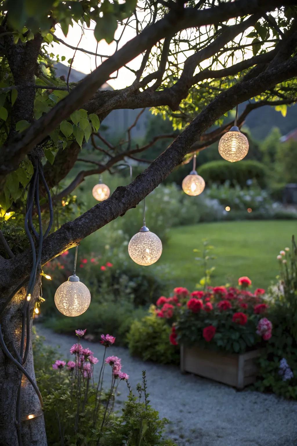 Whimsical suspended solar globes cast a gentle, inviting glow upon your garden's tranquil embrace.