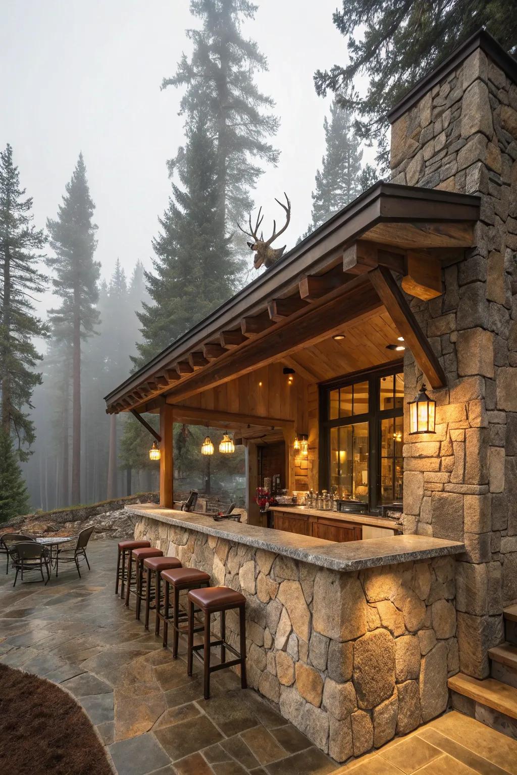 A cozy cabin-style stone bar, exuding rustic charm.