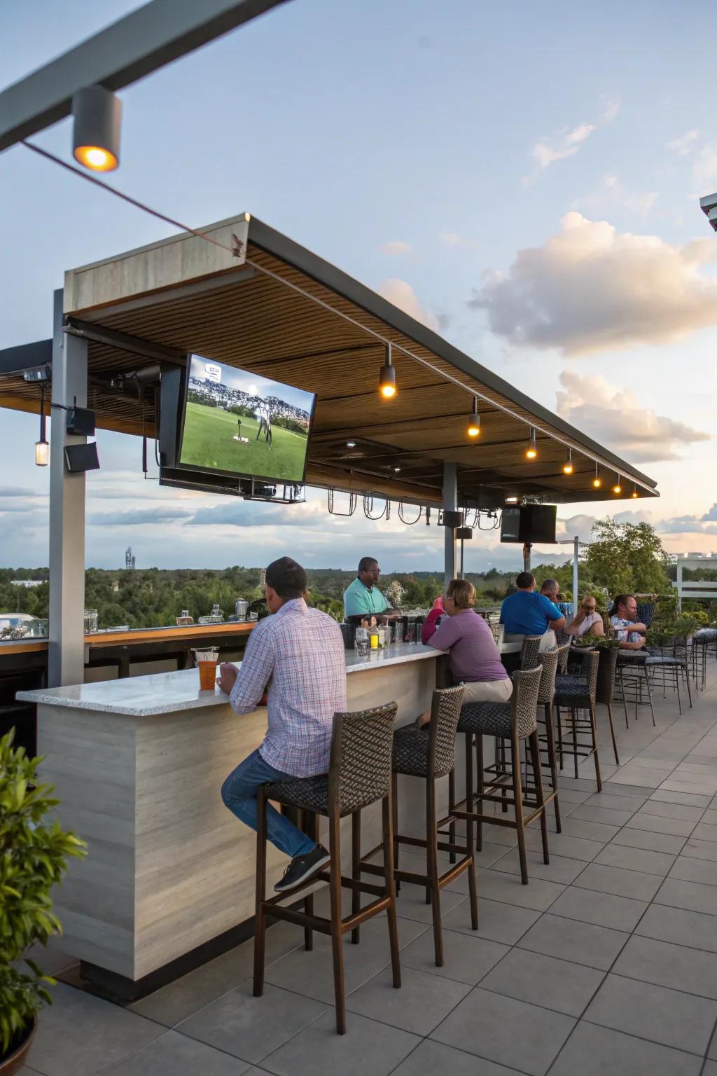 An outdoor bar with a TV creates a superb party ambience.