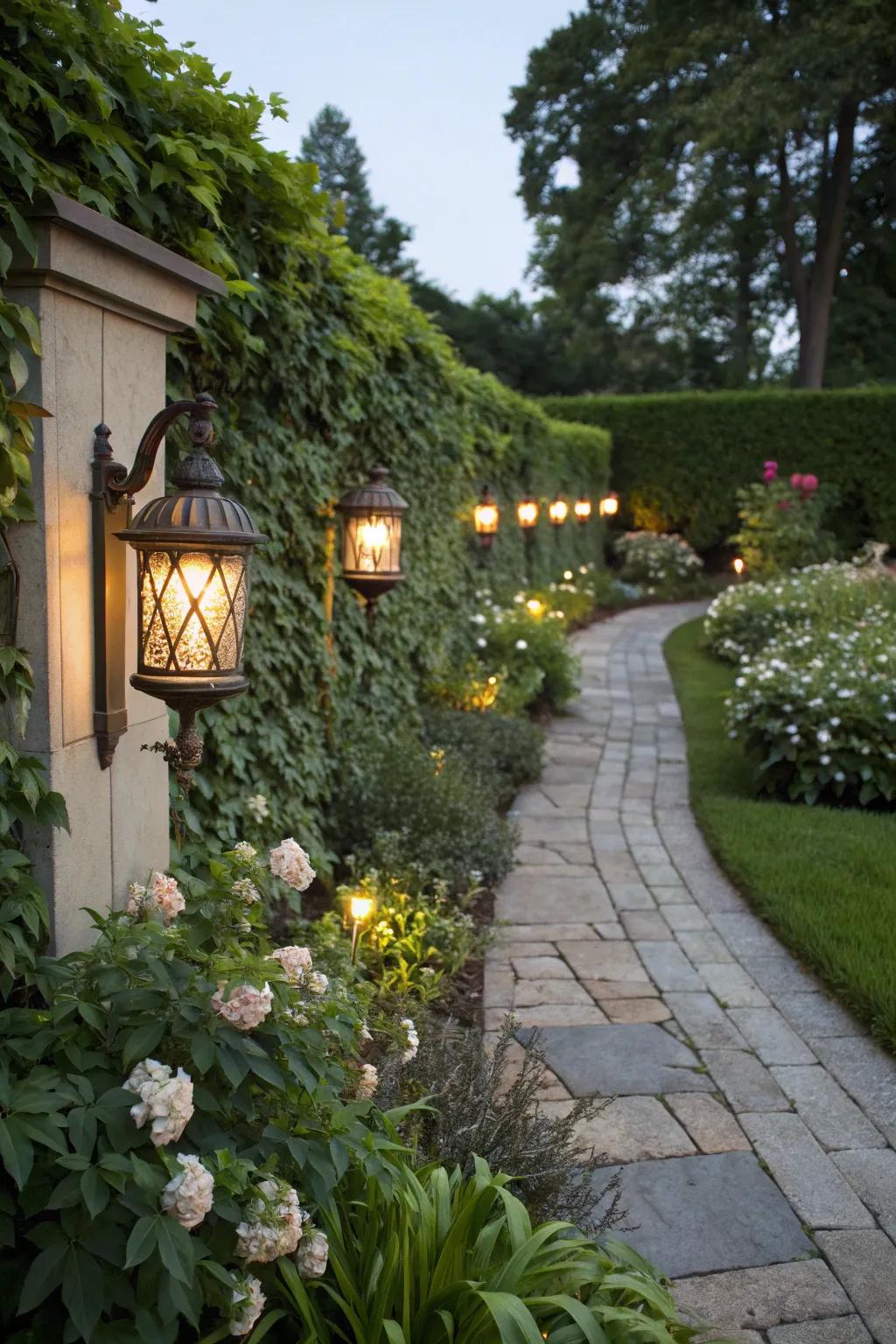 Charming wall sconces light the way.