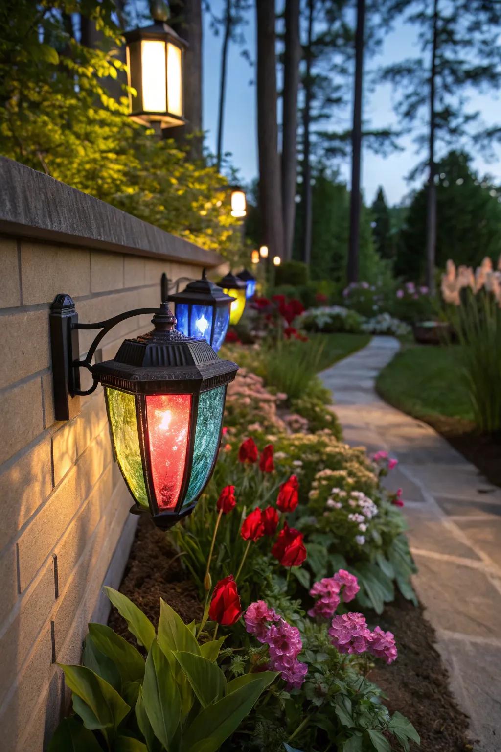 Tinted glass adds a playful accent to outdoor lighting.