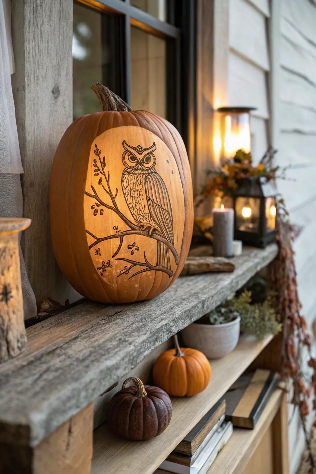 An owl sitting on a limb carries a hint of nature indoors.