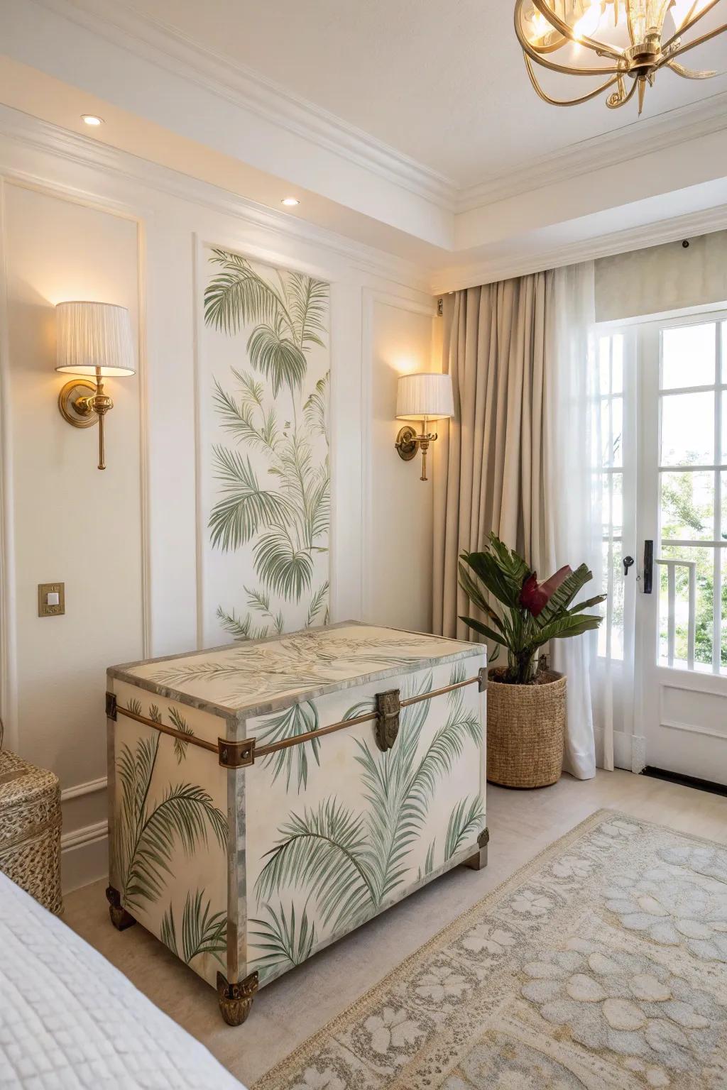 Tropical paradise vibes with palm frond motifs.