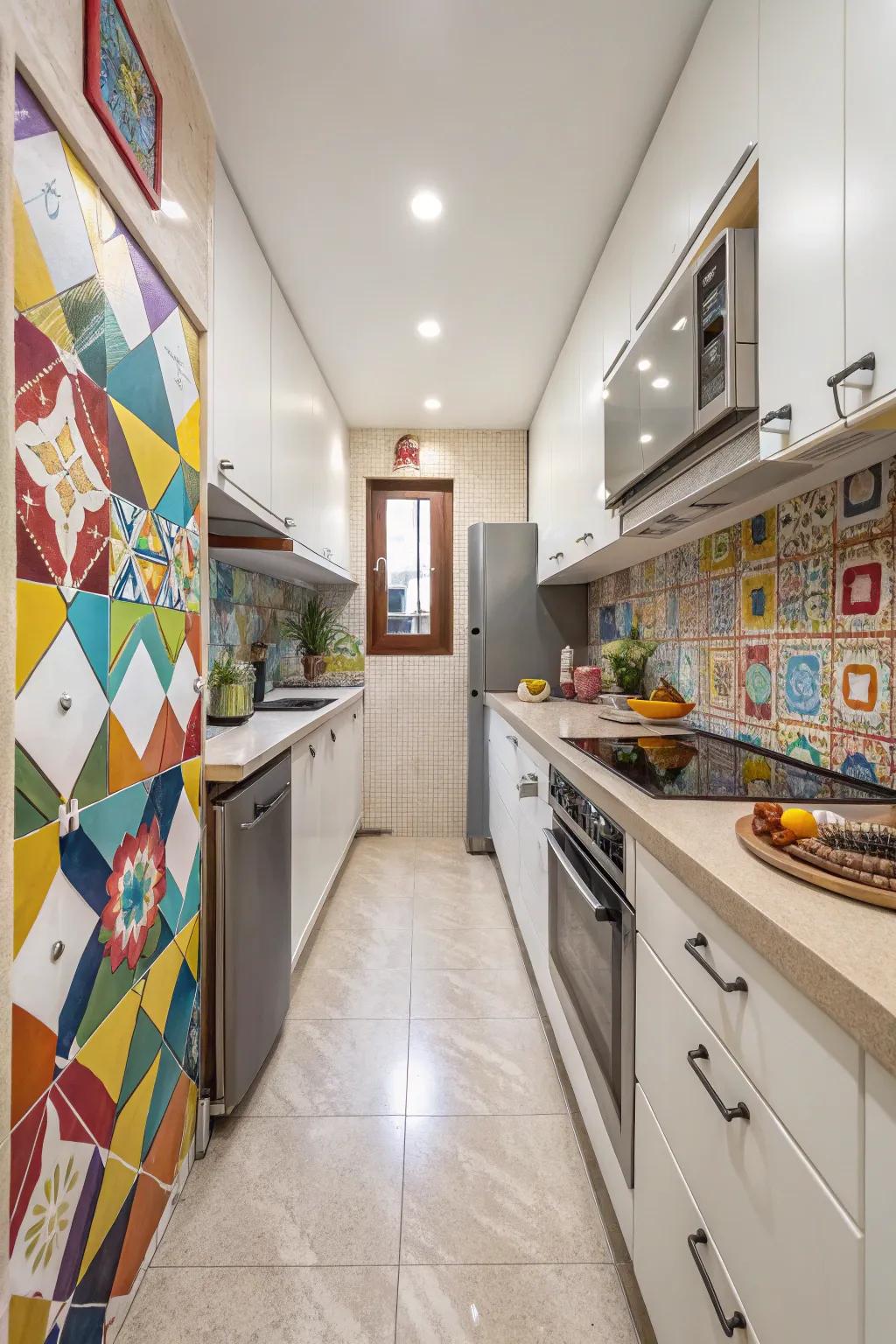 An energetic splashback adds a burst of color.