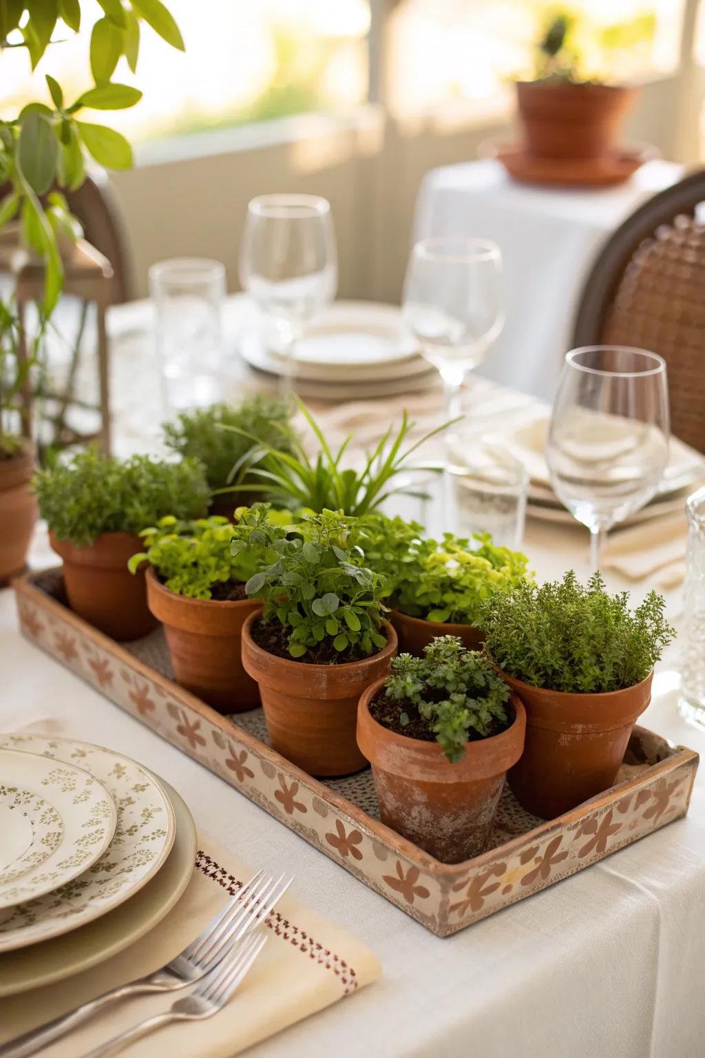 An eco-conscious centerpiece showcasing potted plants.