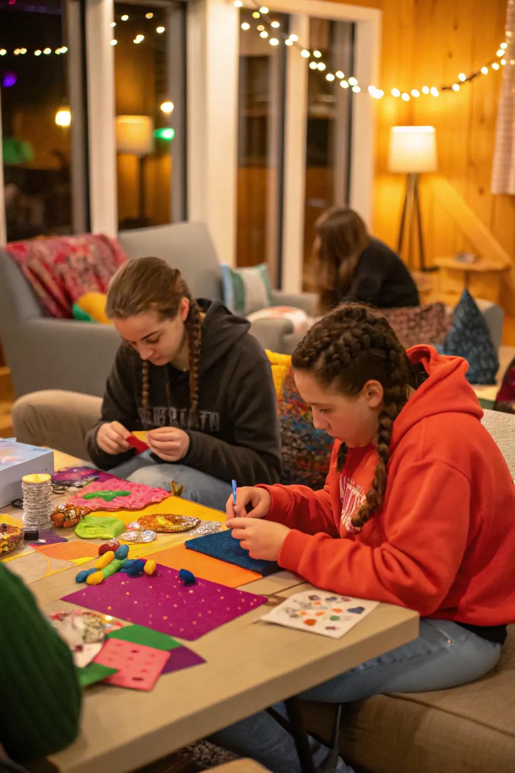 Teens creating unique crafts during a design-it-yourself night.