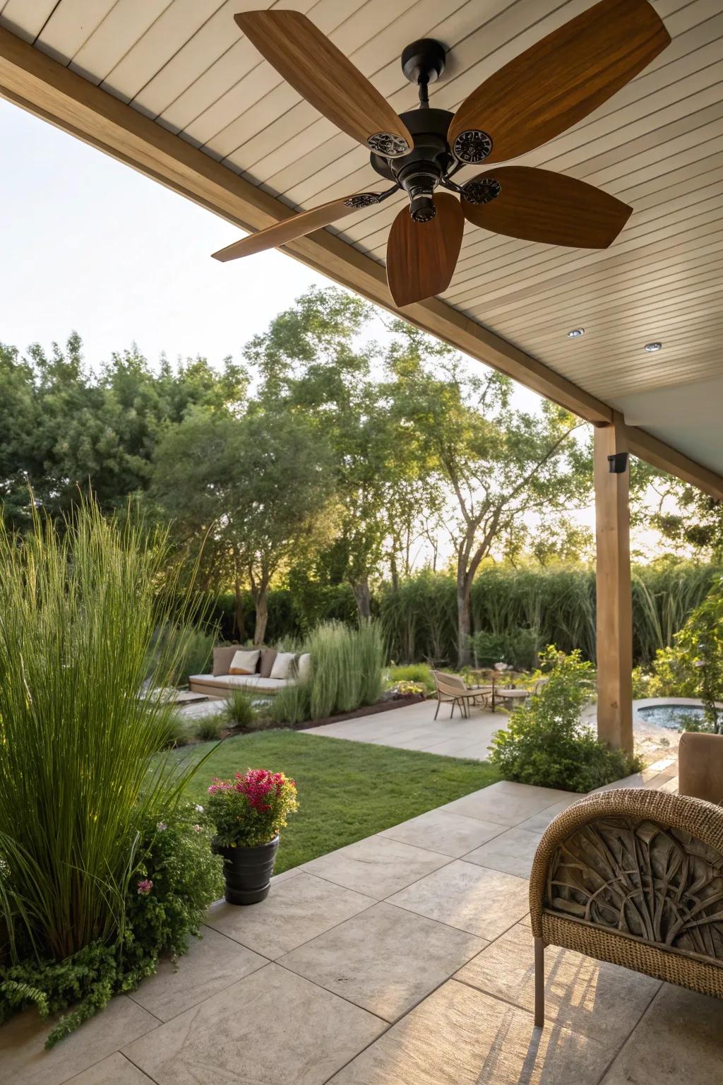 A nature-inspired patio featuring a ceiling fan with wooden wings.