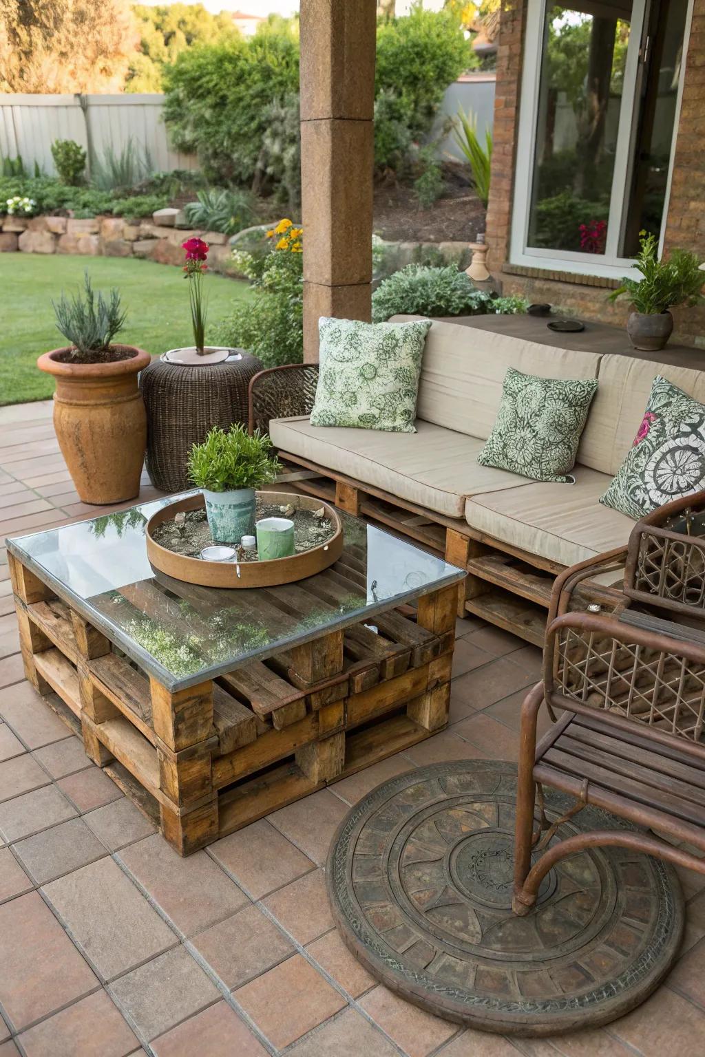 Patio features made of reclaimed materials lending character.