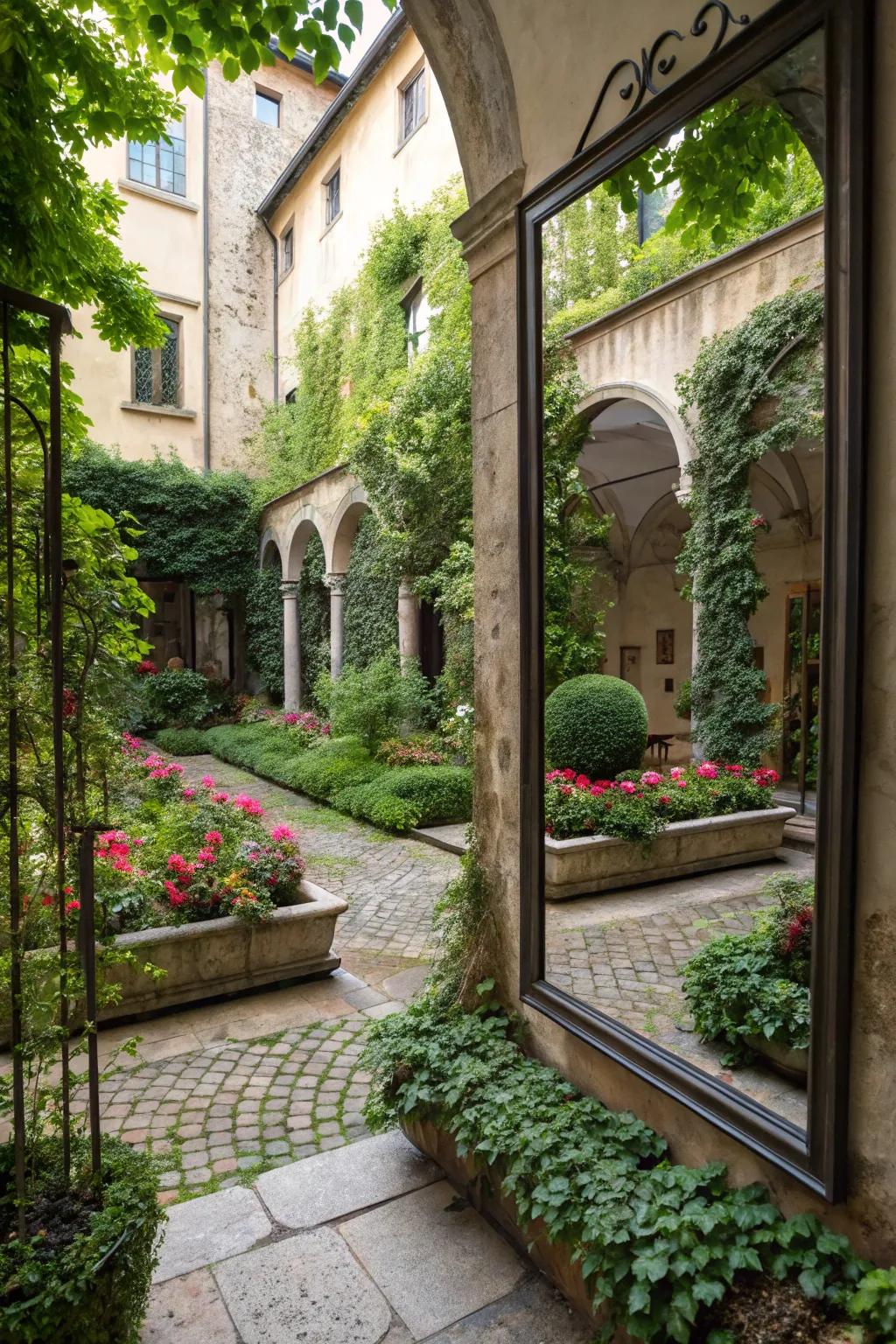 Mirrors fashion an illusion of depth and amplify garden greenery.