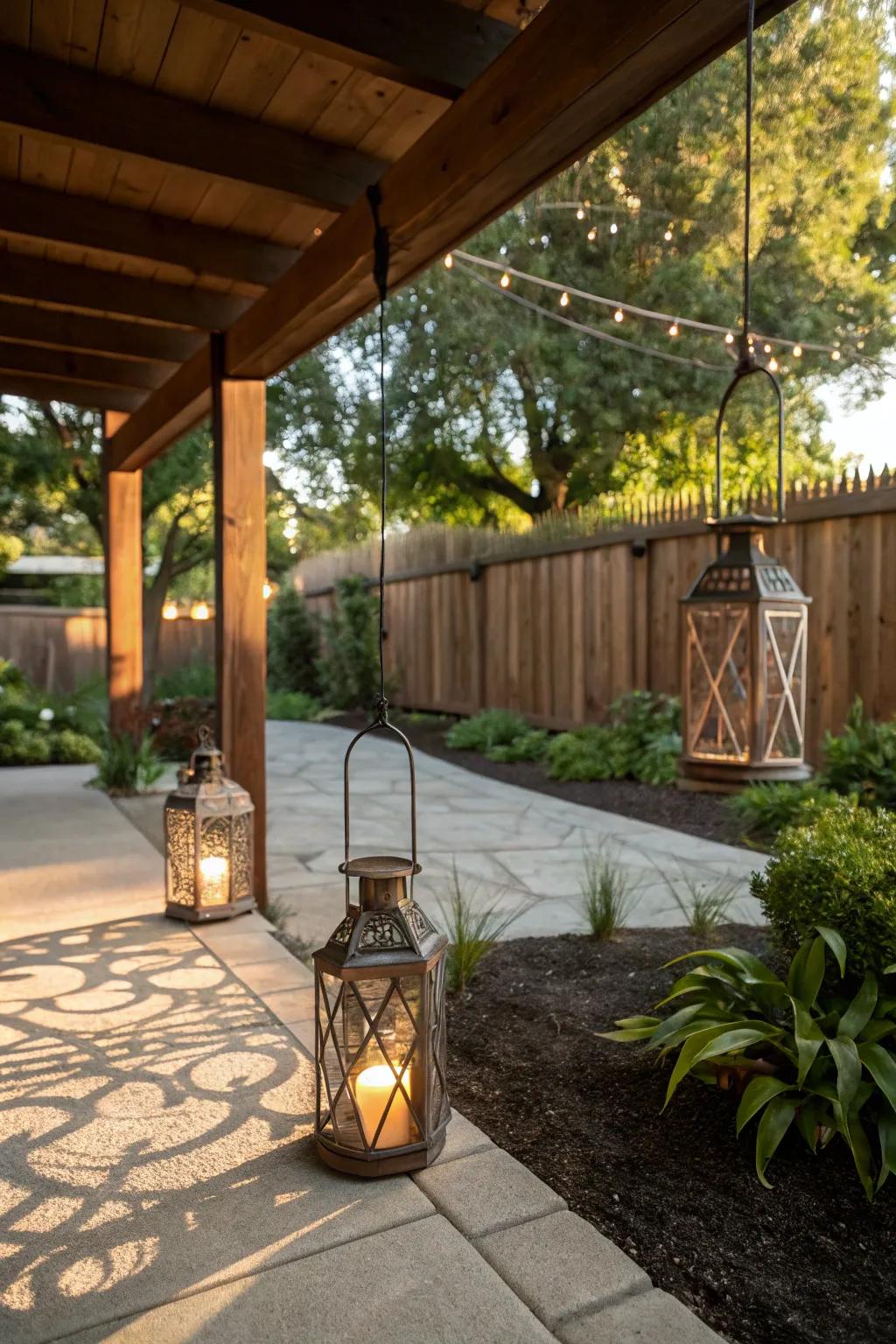 Suspended beacons infuse a rustic charm and cast lovely shadows.