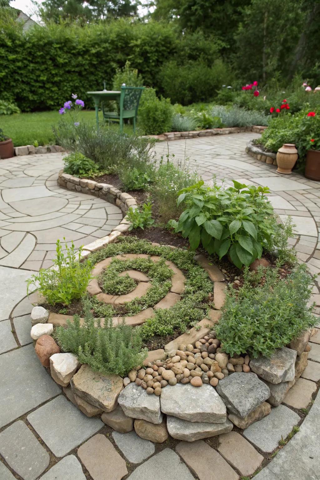 An herb spiral offers a distinct, eye-catching garden accent with varied growing settings.